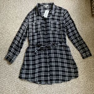 NWT Extra Touch Womens Plaid Button Up Shirt Dress Size 2X Black White Belted